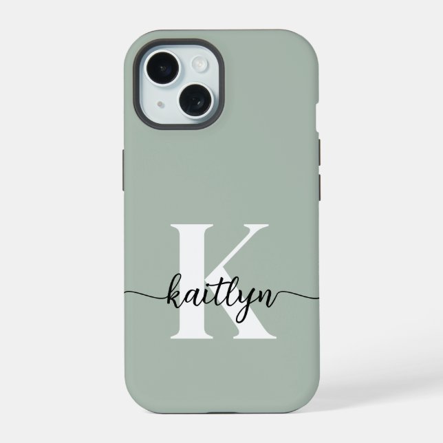 Sage Green Script Monogram iPhone 15 Case (Back)