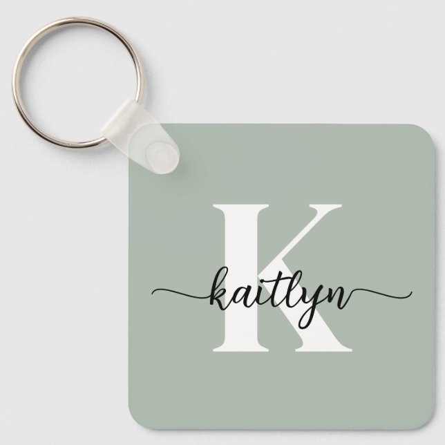 Sage Green Script Monogram Key Ring (Front)
