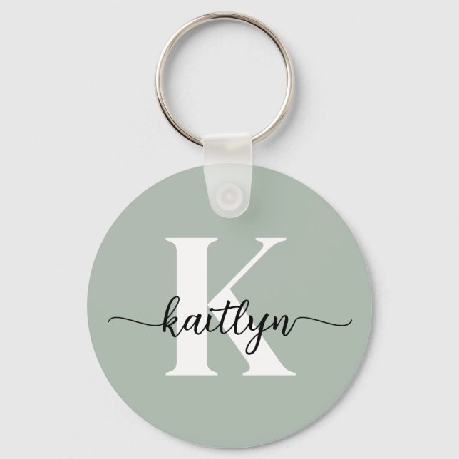 Sage Green Script Monogram Key Ring (Front)
