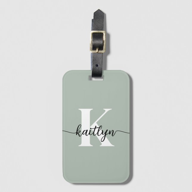 Sage Green Script Monogram Luggage Tag (Front Vertical)