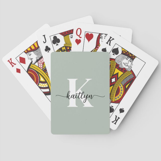 Sage Green Script Monogram Playing Cards (Back)