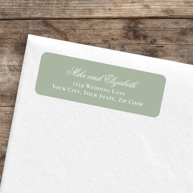 Sage Green Script Names Wedding Address (Sage green script names return address label on envelope, minimalist wedding style)