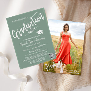 Sage Green Script QR Code Photo Graduation Party Invitation