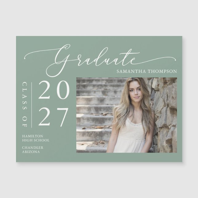 Sage Green Script School Graduate Photo Magnet (Front)