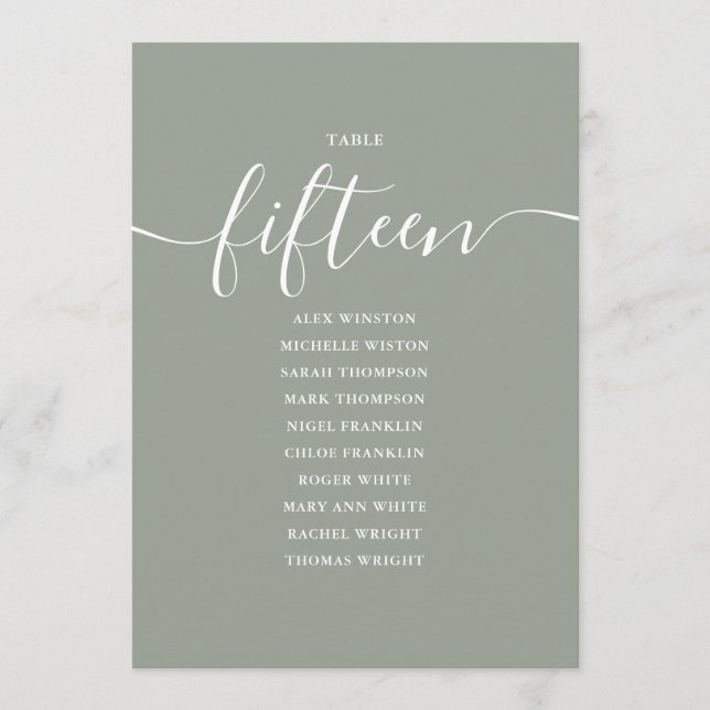 Sage Green Script Table Number 15 Seating Chart (Front)