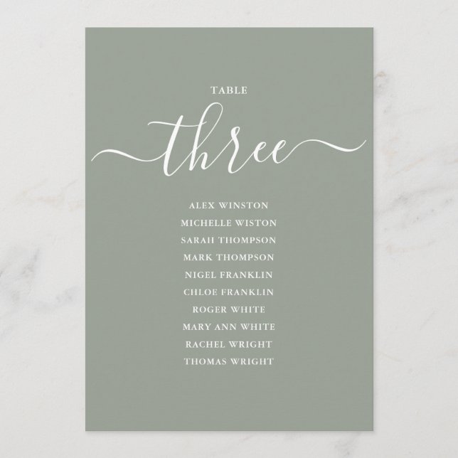 Sage Green Script Table Number 3 Seating Chart (Front)