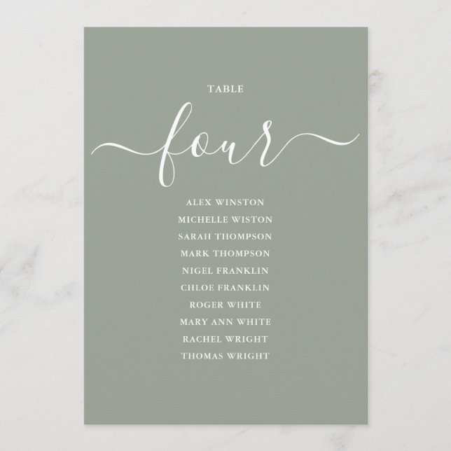 Sage Green Script Table Number 4 Seating Chart (Front)
