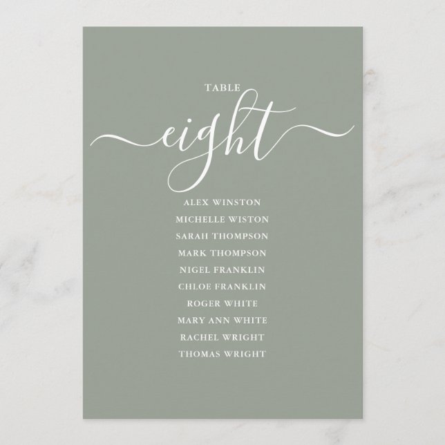 Sage Green Script Table Number 8 Seating Chart (Front)
