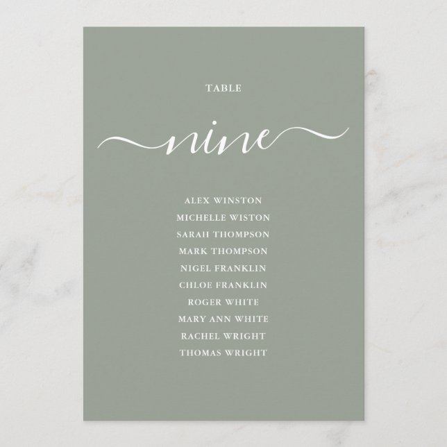 Sage Green Script Table Number 9 Seating Chart (Front)