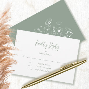 Sage Green Script Typography Floral Wedding RSVP