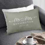 Sage Green Script Typography Personalised Mr Mrs Decorative Cushion<br><div class="desc">Sage Green Script Wedding Heart Arrows Mr Mrs Throw Pillow personalised with the happy couple's last name,  & wedding date! Easy to customise for the perfect gift for weddings,  anniversaries,  first Christmas,  engagement,  etc. Please contact us at cedarandstring@gmail.com if you need assistance with the design or matching products.</div>
