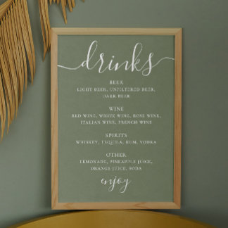 Sage green script wedding alcohol drinks bar menu poster
