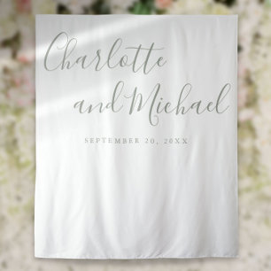 Sage Green Script Wedding Photo Booth Backdrop Tapestry