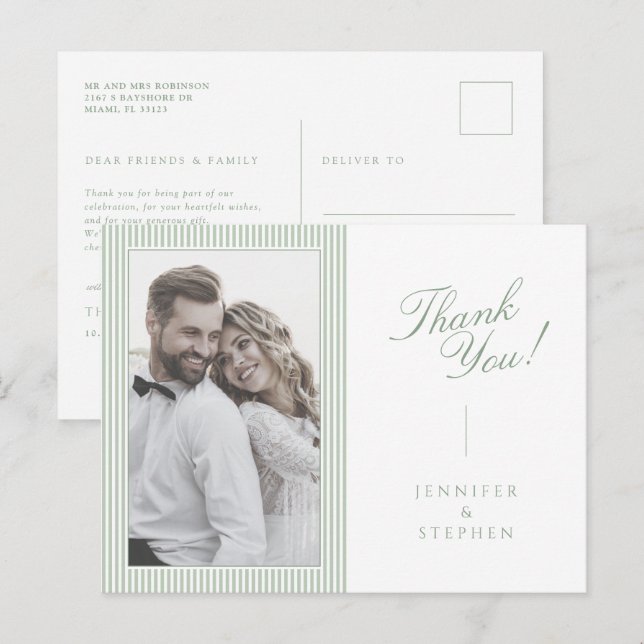 Sage Green Script Wedding Thank You Postcard (Front/Back)