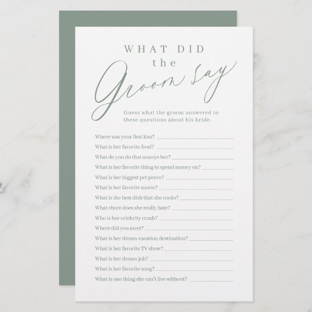 Sage green script what did the groom say game (Front/Back)