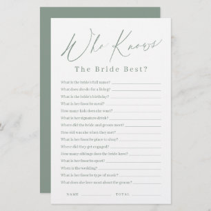 Sage green script who knows the bride best game