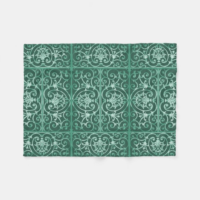 Sage green scrollwork pattern fleece blanket (Front (Horizontal))