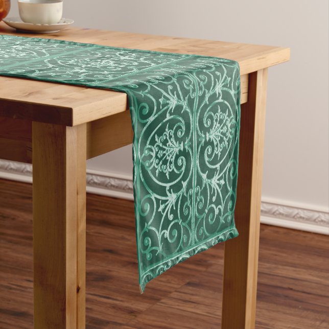 Sage green scrollwork pattern short table runner (In Situ)
