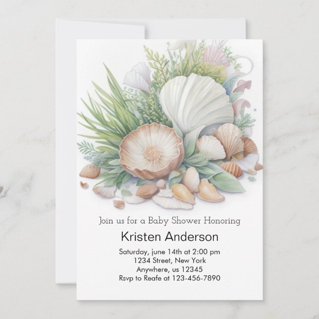 Sage Green Seashell by the Sea Baby Shower Invitation (Front)