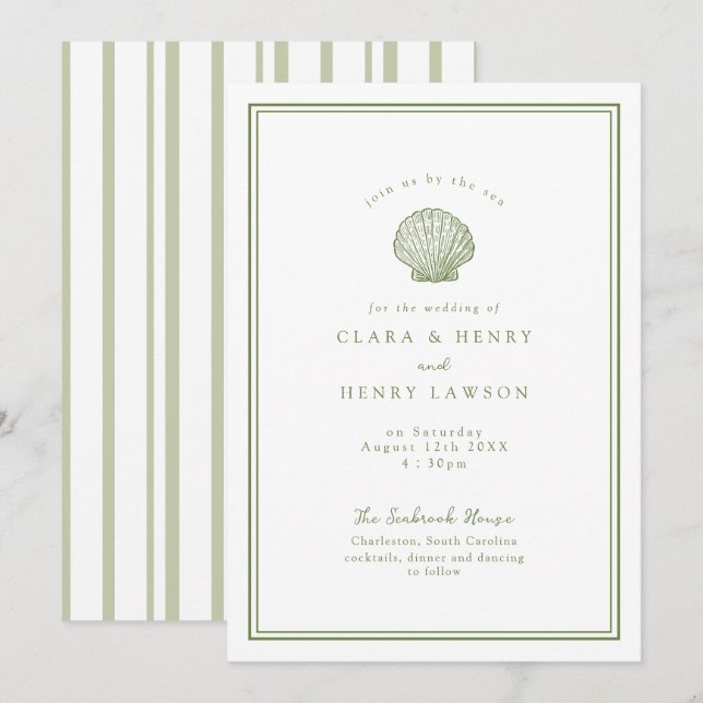 Sage Green Seashell Coastal Wedding Invitation (Front/Back)