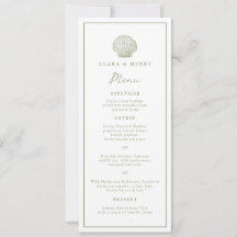 Sage Green Seashell Coastal Wedding Long Menu Card