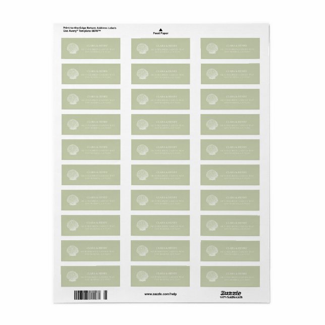 Sage Green Seashell Coastal Wedding Return Address (Full Sheet)