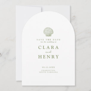Sage Green Seashell Coastal Wedding Save the Date Invitation
