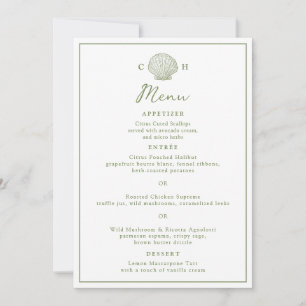 Sage Green Seashell Monogram Wedding Menu Card