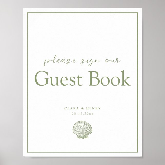 Sage Green Seashell Wedding Guest Book Table Sign (Front)