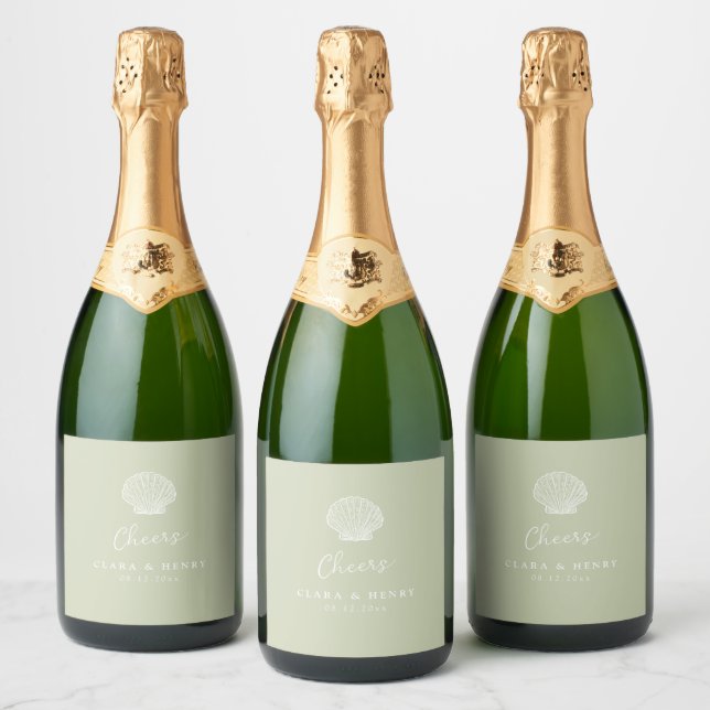 Sage Green Seashell Wedding Sparkling Wine Label (Bottles)