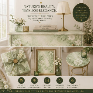 Sage Green Shabby Chic Floral Decoupage Craft  Tissue Paper