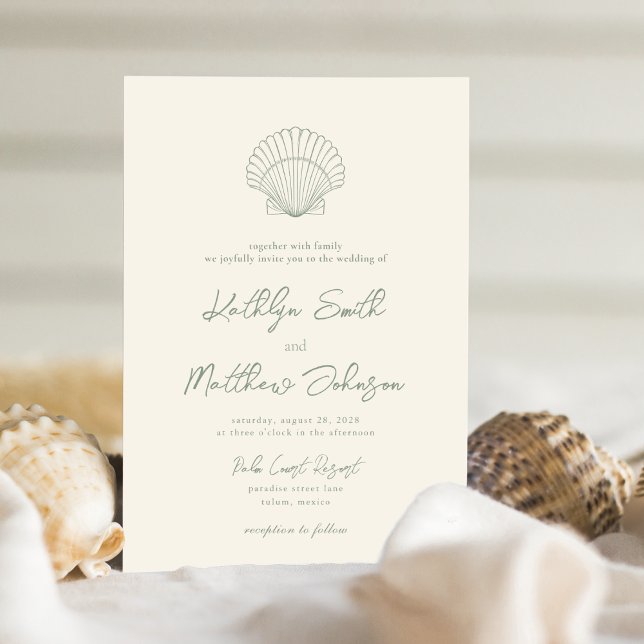 Sage Green Shell Beach Ocean Destination Wedding Invitation (Creator Uploaded)