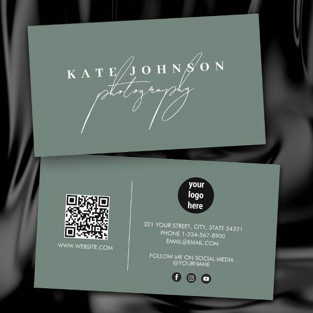 Sage Green Signature Script QR Code Social Media Business Card (Sage Green Signature Script QR Code Social Media Business Card)