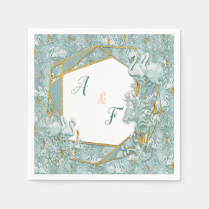 Sage green silk drapes & flamingos flowers napkin