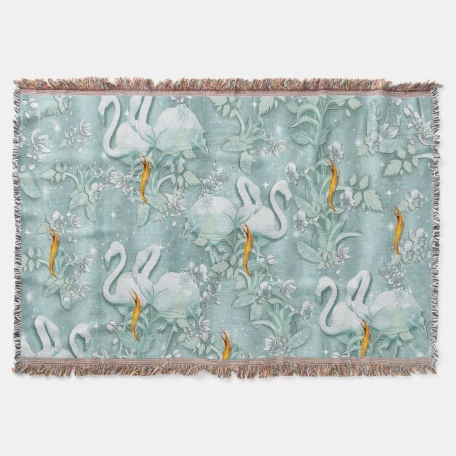 Sage green silk drapes & flamingos flowers throw blanket (Front)