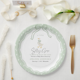 Sage Green Silly Goose Coquette Baby Shower Paper Plate