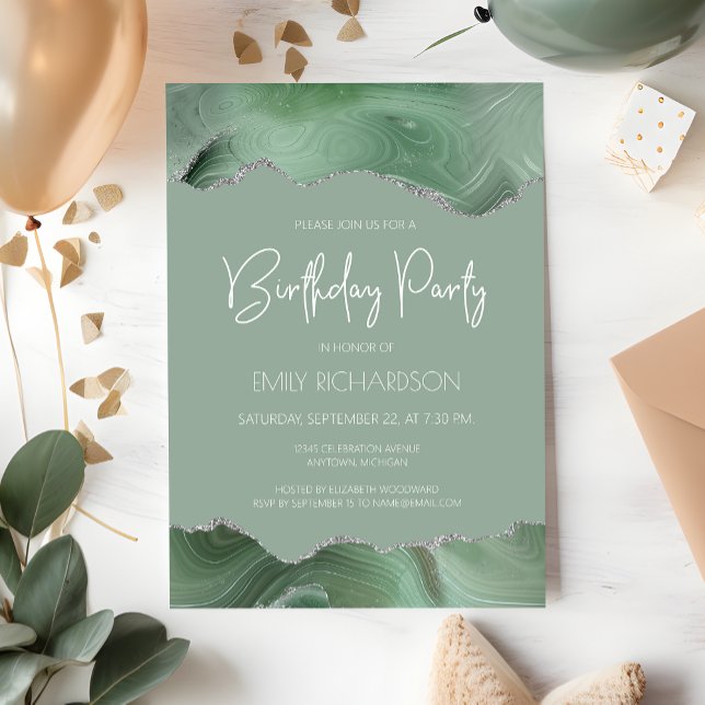 Sage Green Silver Agate Any Year Birthday Invitation (Creator Uploaded)