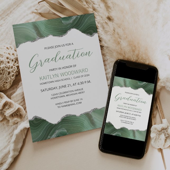 Sage Green Silver Agate Graduation Party Invitation (Creator Uploaded)