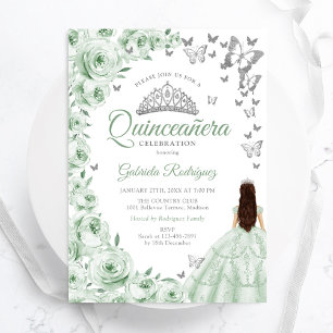 Sage Green Silver Floral Quinceanera Invitation