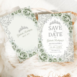 Sage Green Silver Floral Quinceanera Save The Date