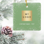 Sage green silver glitter business company logo ceramic ornament<br><div class="desc">A classic sage green background,  decorated with faux silver glitter,  sparkles. Personalise and add your business,  company logo and a text.  If you want it without text,  use your back-space key to delete.</div>