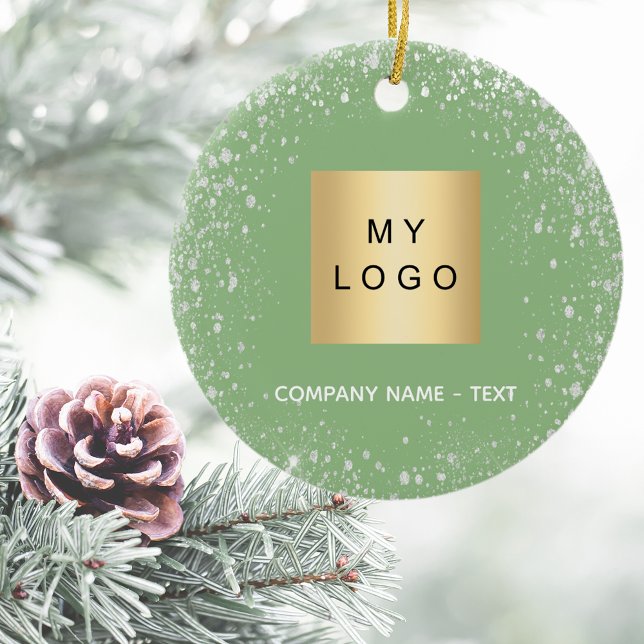 Sage green silver glitter business company logo ceramic tree decoration (Creator Uploaded)