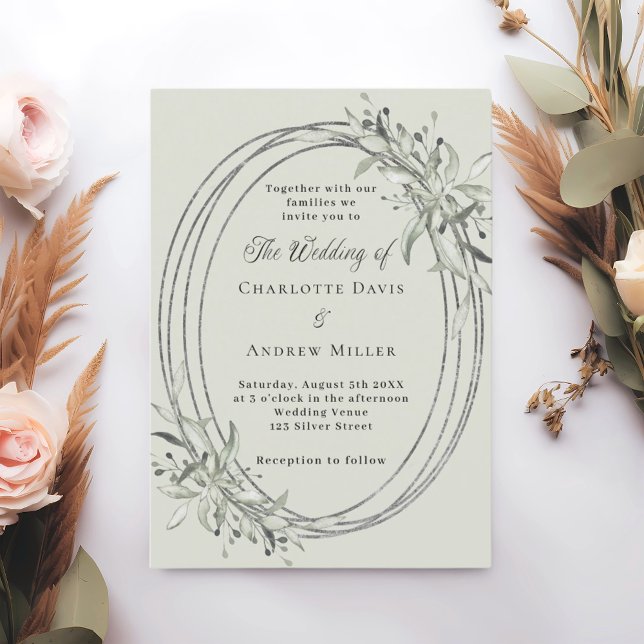 Sage green silver greenery wedding invitation (Creator Uploaded)