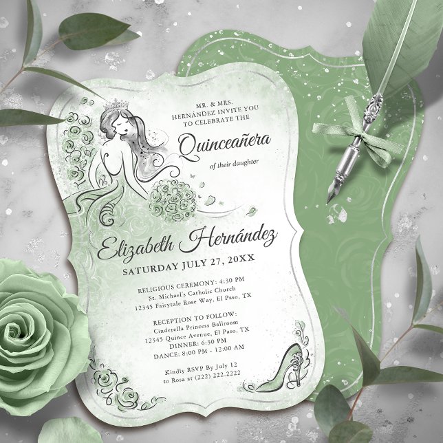 Sage Green Silver Princess Quinceanera Birthday Invitation (Unique, downloadable silver and sage green quinceanera invitations on an editable DIY template.)