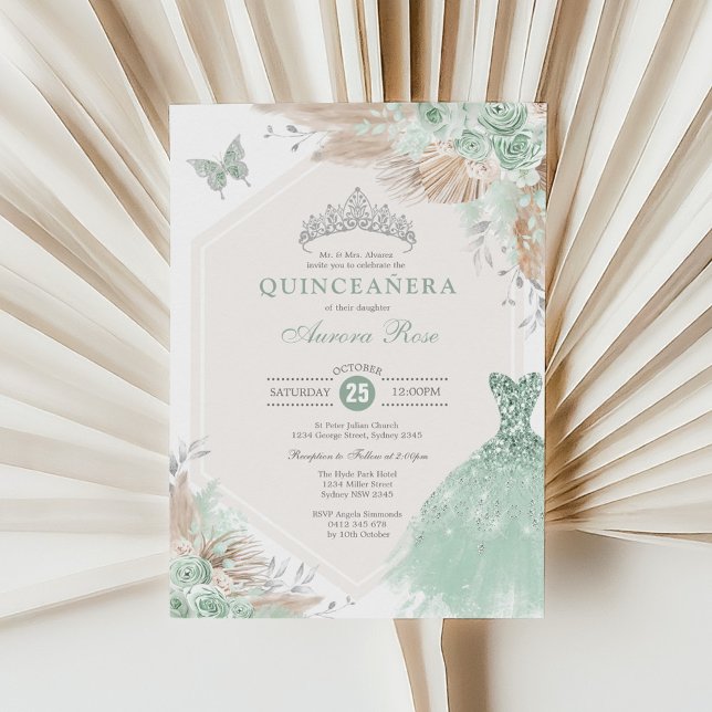 Sage Green Silver Quinceañera Boho Floral Birthday Invitation (Creator Uploaded)