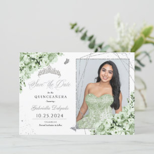 Sage Green Silver Quinceañera Save The Date Photo Invitation
