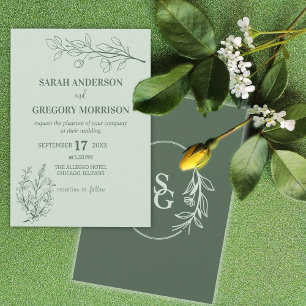Sage Green Simple Boho Floral Bicolor  Wedding  Invitation