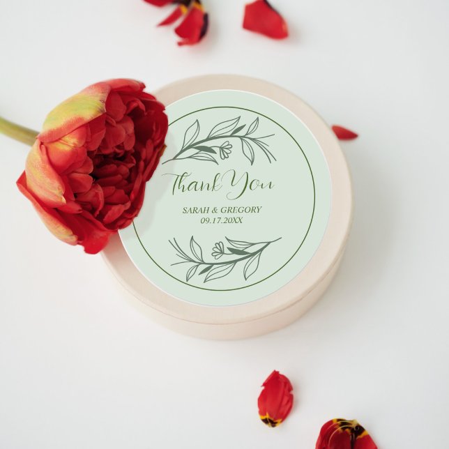 Sage Green Simple Boho Thank You Wedding Favour Classic Round Sticker (Creator Uploaded)