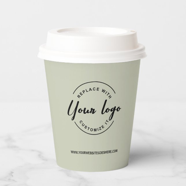 Sage Green Simple business logo Modern Custom  Paper Cups (Front)