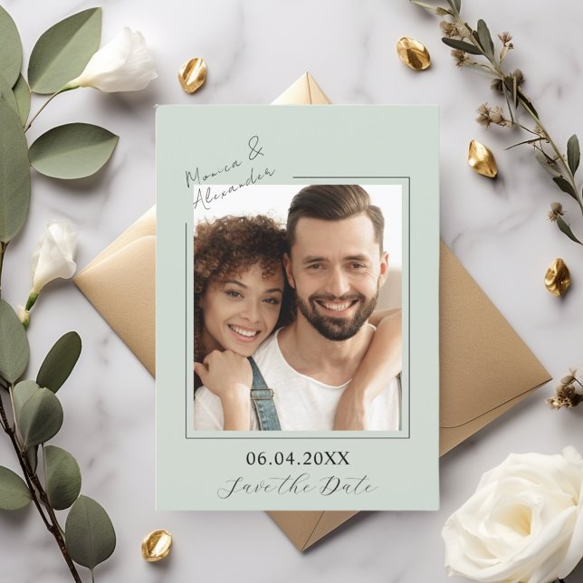 Sage green simple elegant modern photo wedding save the date (Creator Uploaded)